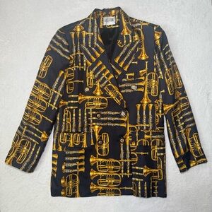 Vintage 1980s Black and Gold Instrument Print Blazer Suit Jacket, 100% Silk
